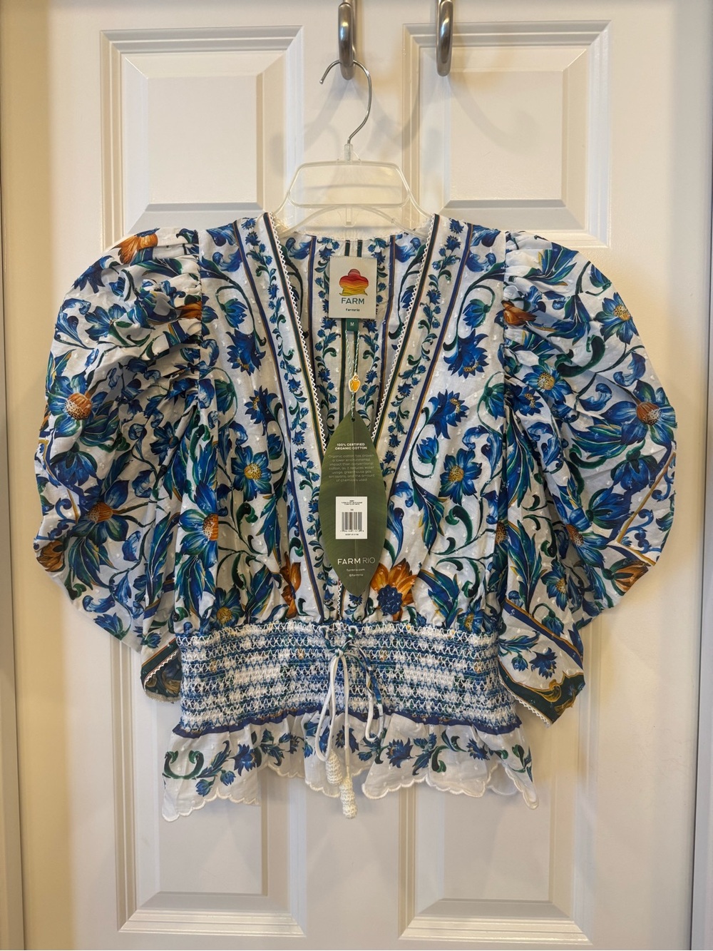 FARM Rio White Blue & Green Floral Puff-Sleeve Smocked Peplum Top